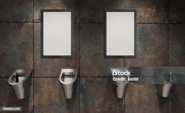 Cabins In A Public Toilet Stainless Steel Urinals Rusty Tile Industrial Dryer 3d Rendering Mockup Empty Paintings Stock Photo - Download Image Now