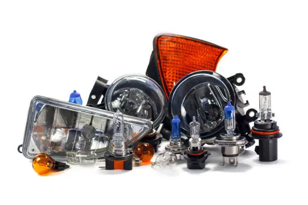 Fog light. xenon and halogen lamps. Automotive light bulbs on a white background. Assortment.
