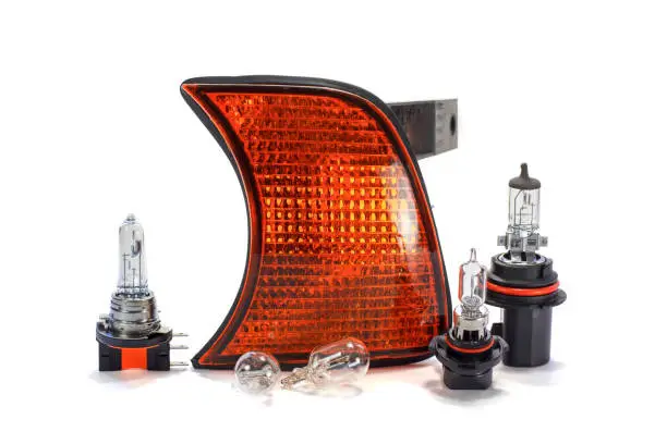 Turn signal xenon and halogen lamps. Automotive light bulbs on a white background. Assortment.