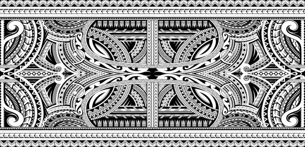 Polynesian ornamental tattoo Polynesian style sleeve tattoo ornament koru pattern stock illustrations