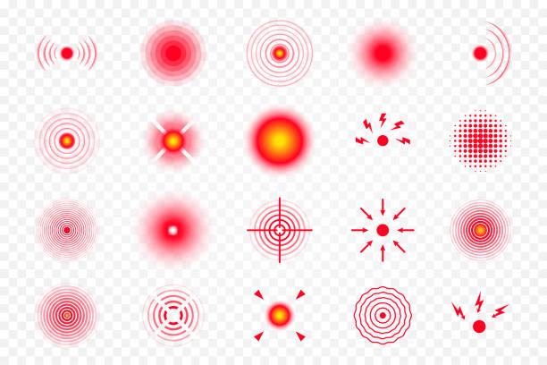 schmerzlokalisierungszeichen, satz von abstrakten symbolen des schmerzes. rote kreise zur markierung menschlicher schmerzen. kopfschmerzen, verletzte körperteil marker, muskelgelenkschmerzen etc. - radiale symmetrie stock-grafiken, -clipart, -cartoons und -symbole