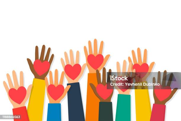 Ilustración de Caridad Voluntariado Y Concepto De Donación Levantó Las Manos Humanas Con Corazones Rojos Las Manos De Los Niños Sostienen Símbolos Del Corazón y más Vectores Libres de Derechos de Mano