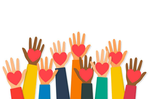 Charity, volunteering and donating concept. Raised up human hands with red hearts. Children's hands are holding heart symbols Charity, volunteering and donating concept. Raised up human hands with red hearts. Children's hands are holding heart symbols. Vector family get together stock illustrations