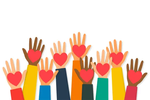 Vector illustration of Charity, volunteering and donating concept. Raised up human hands with red hearts. Children's hands are holding heart symbols