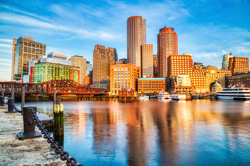 Boston Skyline with Financial District and Boston Harbor at Sunrise, USA