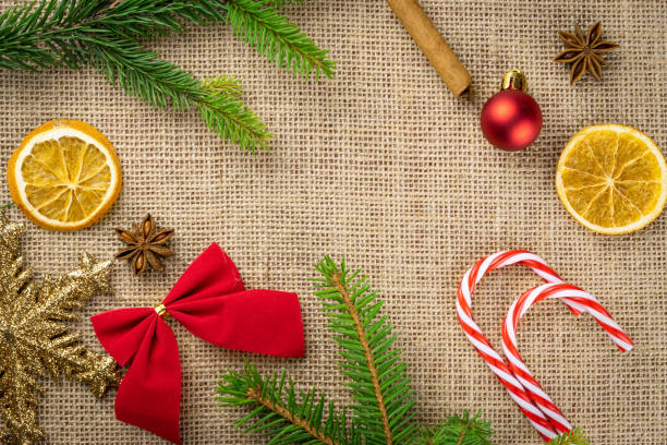 istock Christmas Pattern Red. Xmas celebration pattern isolated on linen texture background. New Year gold decoration.Flat lay design.Copy Space 1188866120