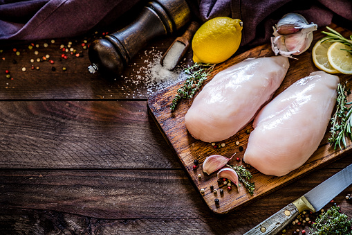 Top view of two chicken breasts on a cutting board surrounded by various ingredients for seasoning like garlic, some aromatic herbs like thyme and rosemary, lime, salt and pepper, a kitchen knife and a pepper shaker on a rustic wooden table. Objects are at the right side and at the top of the image leaving a useful copy space for a text or a logo. Predominant color is dark brow. Low key DSLR photo taken with Canon EOS 6D Mark II and Canon EF 24-105 mm f/4L