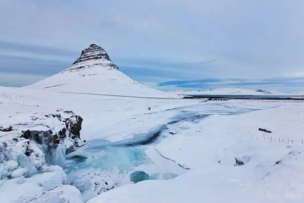 Photo of Iceland Landscape Winter Panorama, Kirkjufell Mountain Covered by Snow with Waterfall