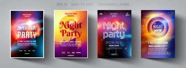 Vector illustration of Set poster for night party.Flyer design template.Concept design for banner.Set flyer for dance club party.Layout invitation.Abstract background.Layout cover booklet.Vector wallpaper.Poster template.