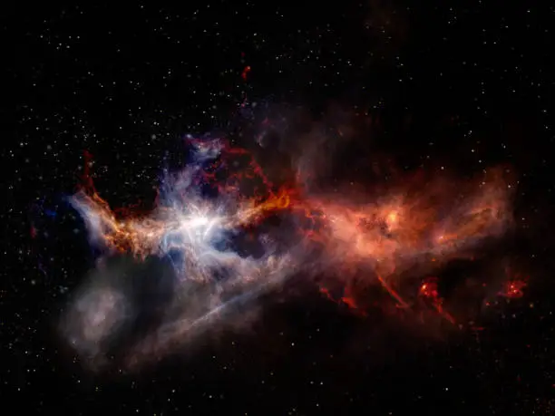 Struggle of the two elements in outer space. Landscape with stars and nebulae of red and blue colors. Elements of this image furnished by NASA.

/urls:
https://images.nasa.gov/details-PIA22358.html
https://images.nasa.gov/details-PIA21073.html
https://solarsystem.nasa.gov/resources/712/perseid-meteor-2016/
