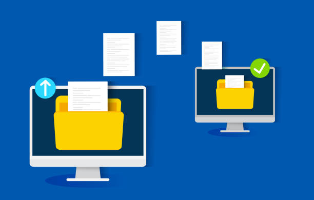 ilustraciones, imágenes clip art, dibujos animados e iconos de stock de concepto de transferencia de archivos, ilustración vectorial - computer storage compartment connection order