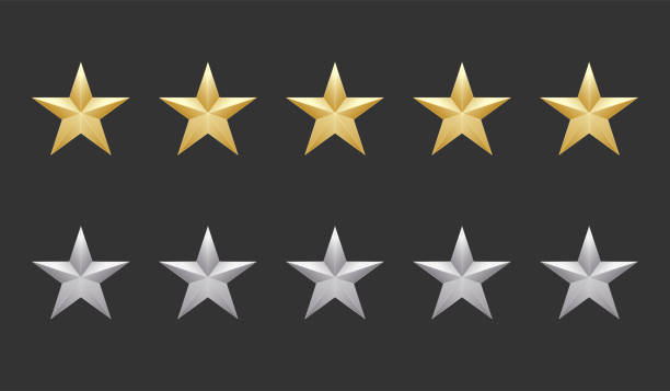 пять золотых и серебряных звезд формы звезды качества значок на темном фоне. 5 градиентных рейтинговых звезд. eps 10 векторный ранг иллюстраци - rating star shape ratings ranking stock illustrations