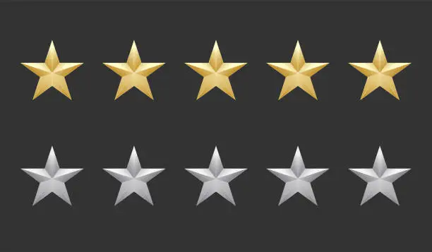 Vector illustration of Five gold and silver shape stars quality icon on a dark background. 5 gradient rating stars. EPS 10 vector rank illustration