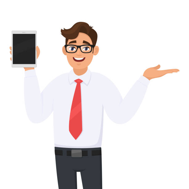 Young Businessman In Formal Wear Showing A Digital Tablet Computer  Pointingpresenting Hand To Copy Space Person Holding A Latest Tab Device  Male Character Design Illustration In Vector Cartoon Stock Illustration -  Download