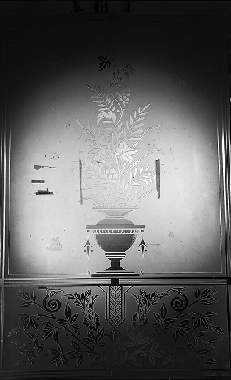 A lovely door from mid 1800s, hand etched glass that I made black and white to make the etching stand out