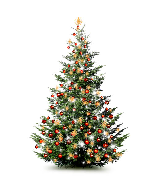 hell geschmückter weihnachtsbaum isoliert auf weißem hintergrund - christmas tree christmas tree artificial stock-fotos und bilder