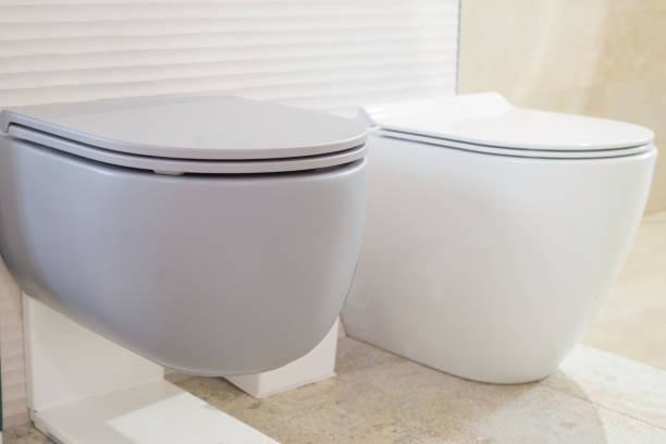 istock white and gray toilets. Close-up. New plumbing 1188894134