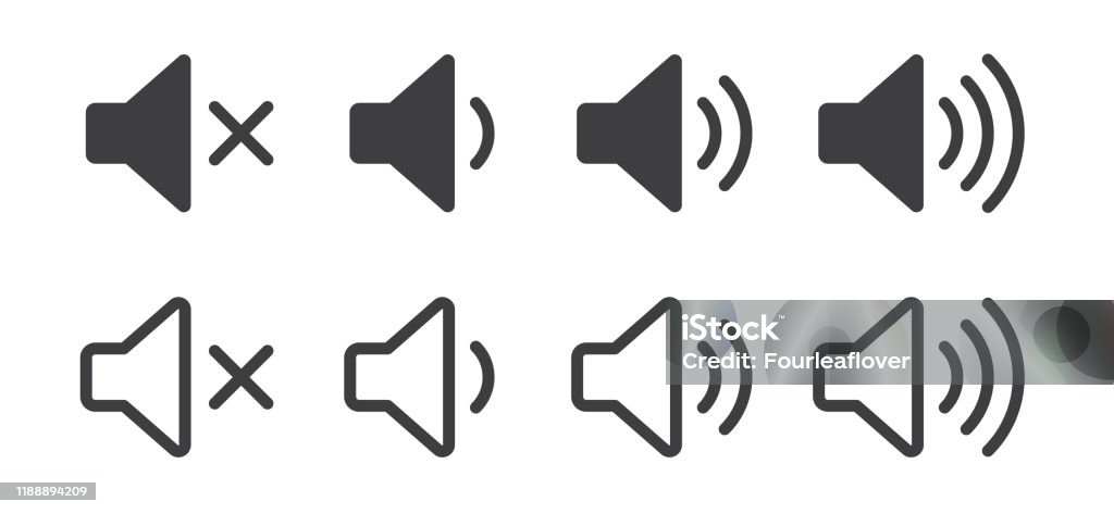 Sound volume icons. Vector isolated sound volume up, down or mute control buttons set Noise stock vector