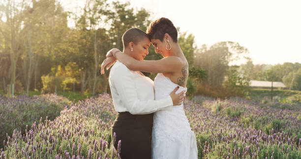Nothing else matters right now Cropped shot of an affectionate young lesbian couple  standing with their arms around each other in a meadow on their wedding day civil partnership stock pictures, royalty-free photos & images