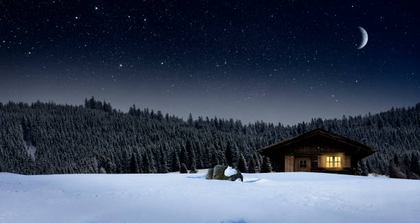 istock Illuminated log cabin in winter night 1188901540