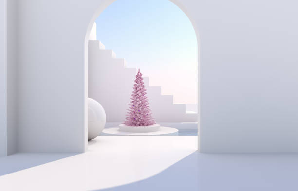 Scene with geometrical forms, arch with a podium in natural day light. minimal landscape with Christmas tree background. 3D render background. christmas greek stock pictures, royalty-free photos & images
