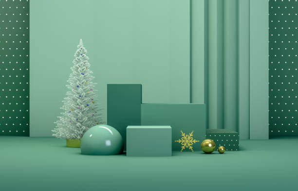 Winter Christmas background with Christmas tree and stage for product display.