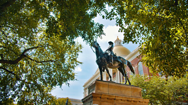 Massachusetts State House. Equestrian statue of Joseph Hooker. State Library of Massachusetts. Tree. Nature