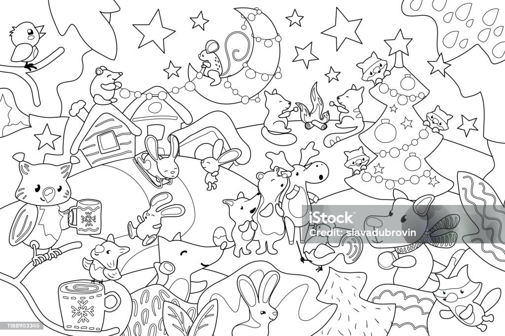 Black and white Christmas night scene with cute animal and firtree. Children coloring page with Christmas celebration Black and white Christmas night scene with cute animal and firtree. Children coloring page with Christmas celebration. New Year handmade postcard. Winter holiday activity. X-mas card coloring outline Coloring Book Page - Illlustration Technique stock vector