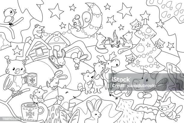 Black And White Christmas Night Scene With Cute Animal And Firtree Children Coloring Page With Christmas Celebration Stock Illustration - Download Image Now