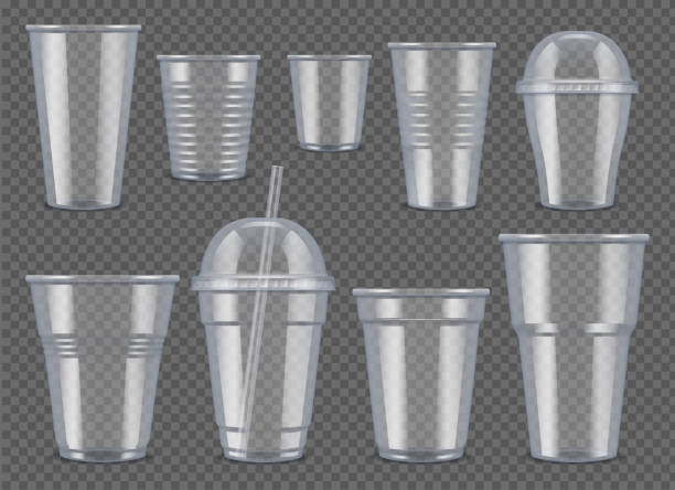 Plastic vessel. Transparent cups and mugs for drinks food bag for juice and coffee vector 3d realistic mockup Plastic vessel. Transparent cups and mugs for drinks food bag for juice and coffee vector 3d realistic mockup. Illustration plastic mug for coffee and tea or other liquid disposable cup stock illustrations