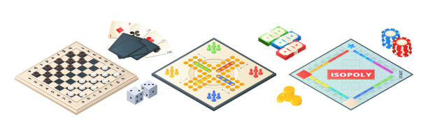 Board games isometric. Various tools for board games. Dices, pawns cards coins money. Vector board games elements Board games isometric. Various tools for board games. Dices, pawns cards coins money. Vector board games elements. Illustration board game strategy, leisure and challenge board game stock illustrations
