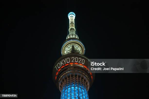 The Skytree Tower Is Illuminated At Night Announcing The Olympics Of Tokyo 2020 Stock Photo - Download Image Now