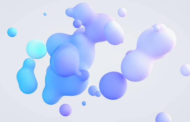 추상 3d 예술 배경입니다. 홀로그램 부동 액체 방울, 비누 거품, 메타볼. - 컴퓨터 그래픽 이미지 뉴스 사진 이미지