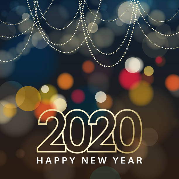 2020 New Year Celebration Join the celebration party for the New Year 2020 with sparkling decorations on the colorful lights background anniversary invitation backgrounds greeting card stock illustrations