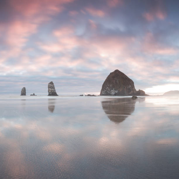 istock The Sunset at Cannon Beach with Dramatic clouds in the background and a nice reflection in water.  Dramatic coastal seascape featuring scenic rock formations Haystack Rock Oregon, USA 1188905620