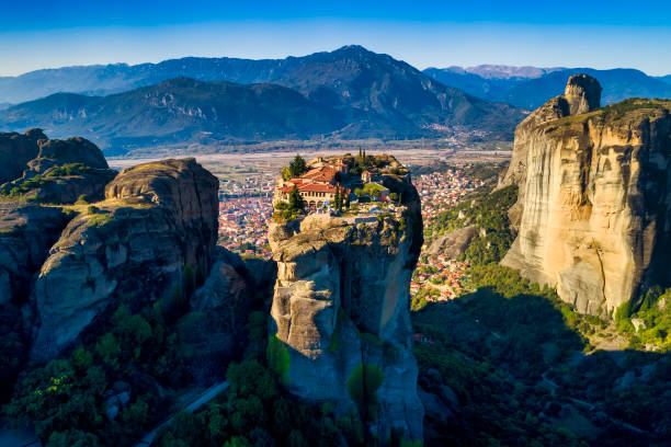 aerial view from the Monastery of the Holy Trinity in Meteora, Greece aerial view from the Monastery of the Holy Trinity on top of the cliff in Meteora near Kalabaka, Trikala, Greece greek culture photos stock pictures, royalty-free photos & images