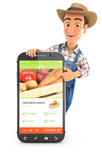 3d farmer standing behind smartphone, illustration with isolated white background