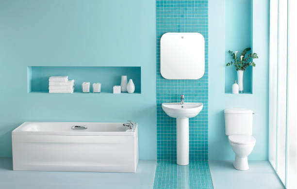 banheiro luxuoso no azul de turquesa - tiled floor ceramic floor model home - fotografias e filmes do acervo