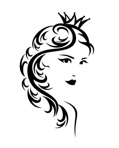 ilustraciones, imágenes clip art, dibujos animados e iconos de stock de hermosa reina o princesa retrato vectorial blanco y negro - princess queen nobility glamour