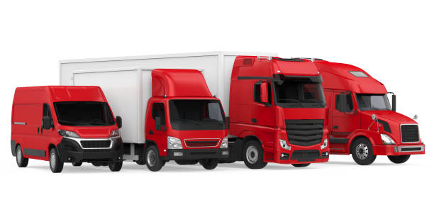 a series of red trucks set against a white backdrop
