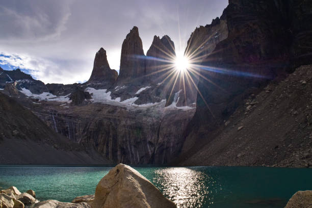 Torres del Paine, National Park - Laguna Torres, famous landmark of Patagonia, Chile stock photo
