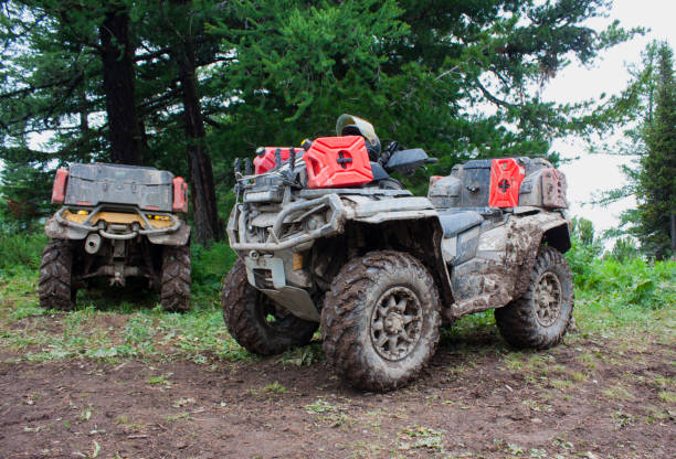 istock Large dirt-covered ATVs stand in a coniferous forest. Summer day 1188914102