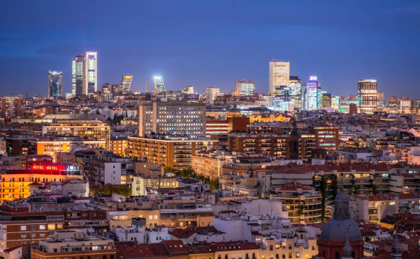 aerial view of financial district skyline in Madrid at night aerial view of financial district in Madrid at night, Spain madrid photos stock pictures, royalty-free photos & images