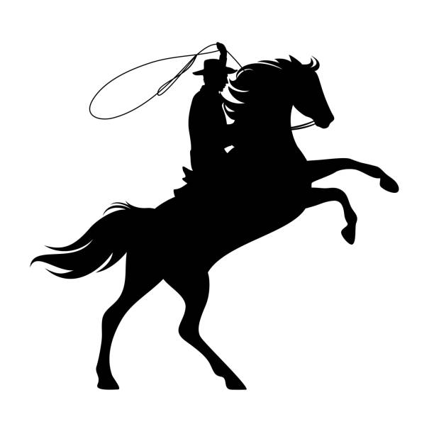 ilustrações de stock, clip art, desenhos animados e ícones de wild west cowboy with lasso and horse black and white vector silhouette - white background clip art american culture black