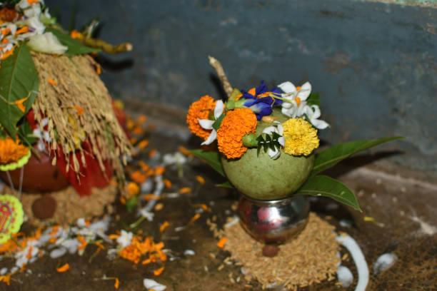 Indian puja Rituals with puja kalash. Selective focus is used.