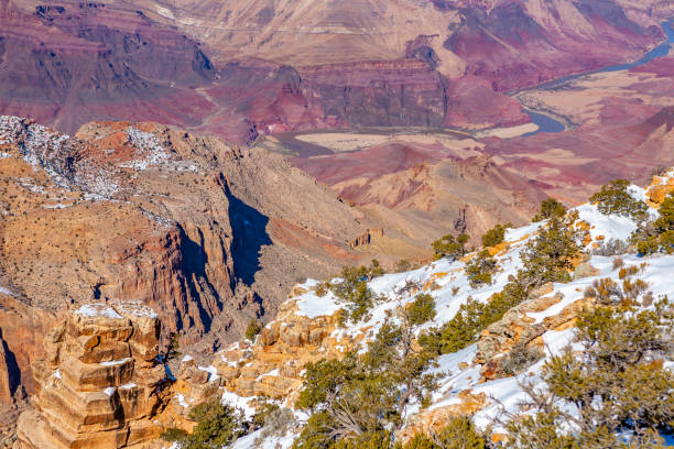 grand canyon - bend sun river snow - fotografias e filmes do acervo