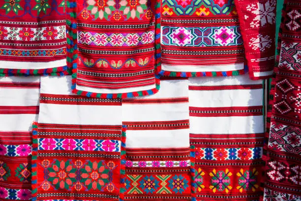 Embroidered Belorussian towels. Embroidery. National pattern.Slavic ornament on fabrics and towels
