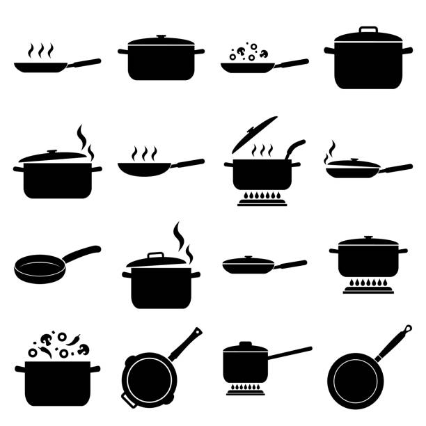kuvapankkikuvitukset aiheesta paistinpannu ja pannusarjakuvake, logo eristetty valkoisella taustalla. ruoanlaitto , ruoan paahtaminen - paistinpannu