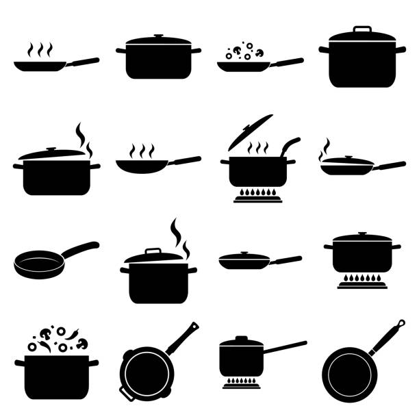 フライパンとフライパンセットのアイコン、白い背景に分離されたロゴ。料理 、 焙煎食品 - 調理する イラスト点のイラスト素材／クリップアート素材／マンガ素材／アイコン素材