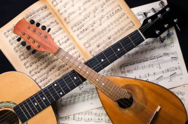 Photo of Mandolin and guitar with blurred sheet music books on a black background.